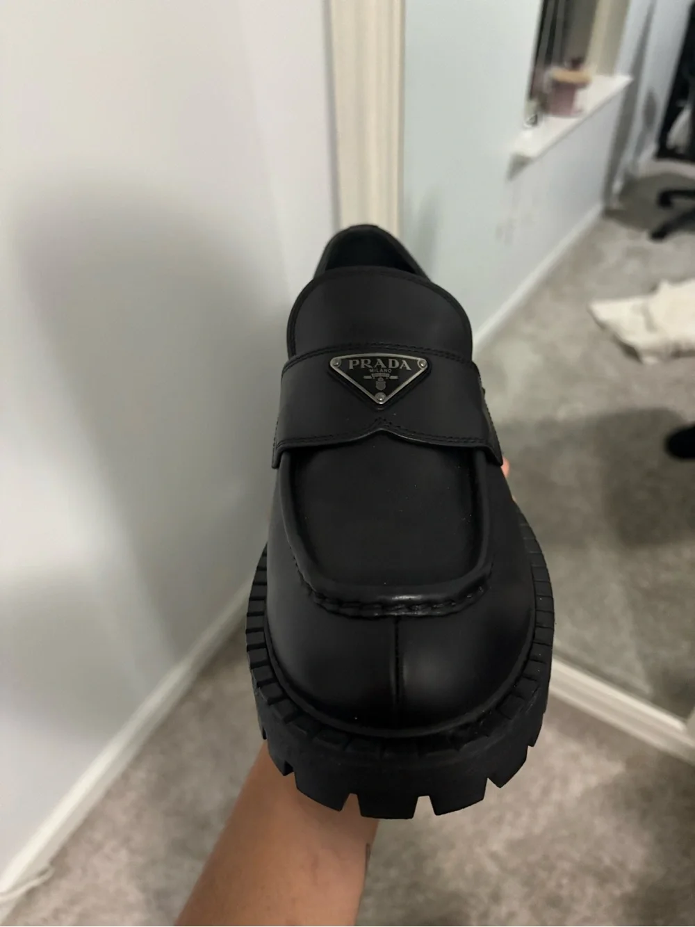 Prada Black Leather Lug-Sole Slip-On Loafers
